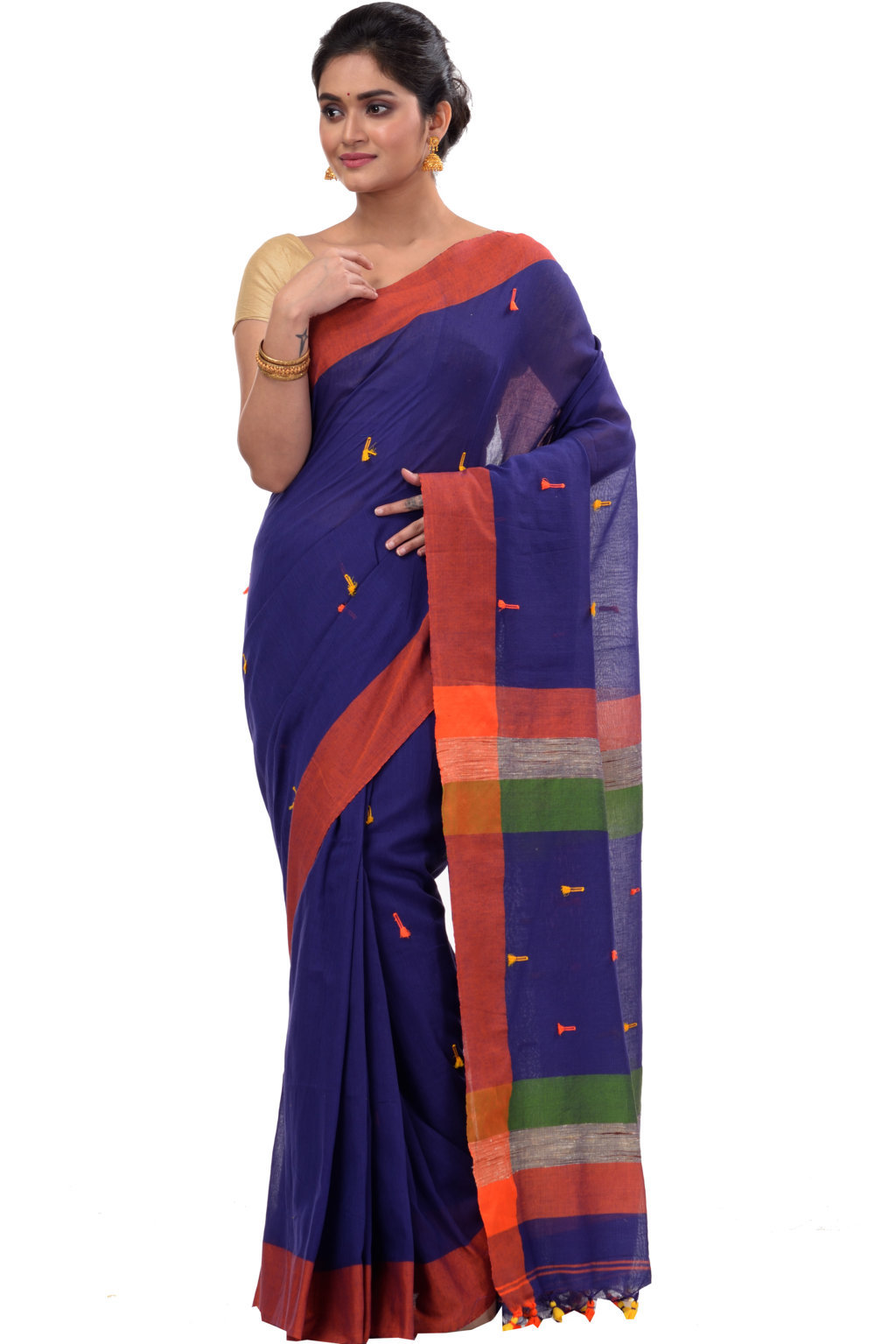 Blue Pure Cotton Clacial Desigined Hand Loom Saree (124)